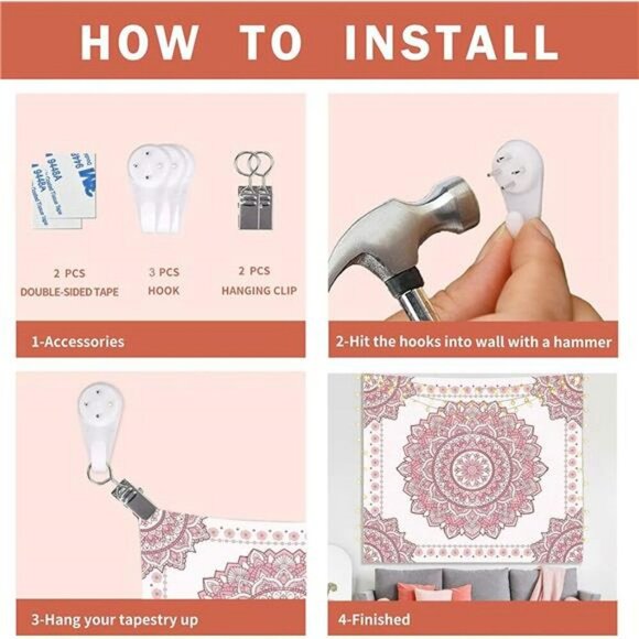 Boho Pink Mandala Wall Tapestry Floral Dorm Room Decor for Teen Girls Bedroom - Picture 6 of 8